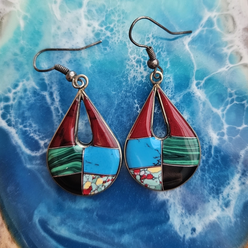 Vintage Silver Multi Stone Resin Earrings